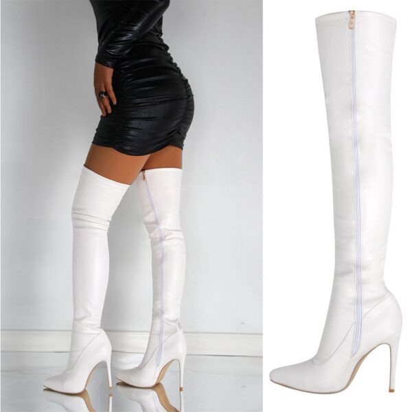 White Pointed Toe Thigh High Heel Boots