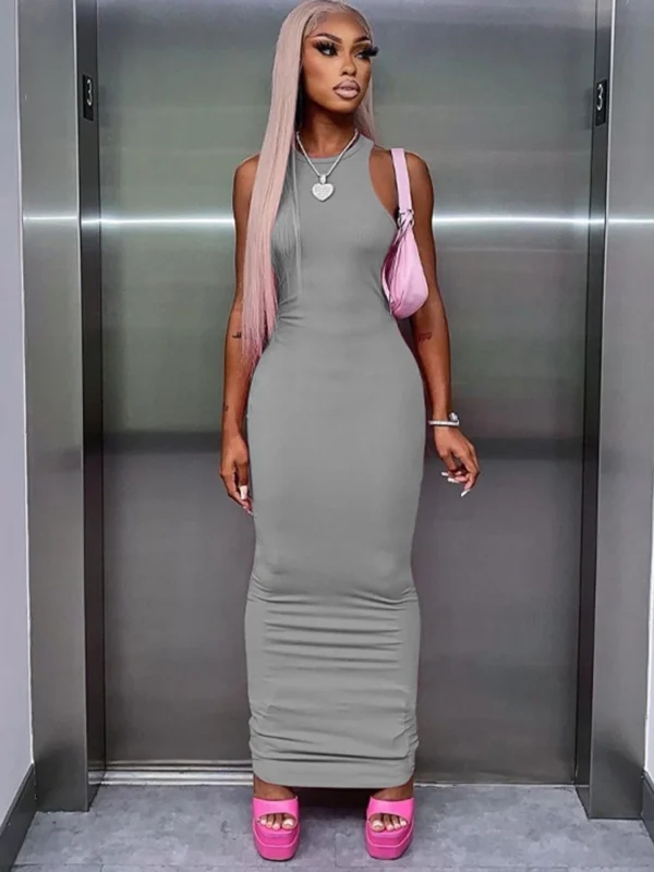 Grey Ribbed Sleeveless Maxi Dresses