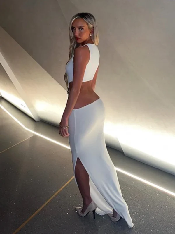 White Hollow Out Sleeveless Hip Wrap Bodycon Dress - Image 2