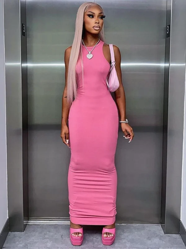 Pink Ribbed Sleeveless Maxi Dresses