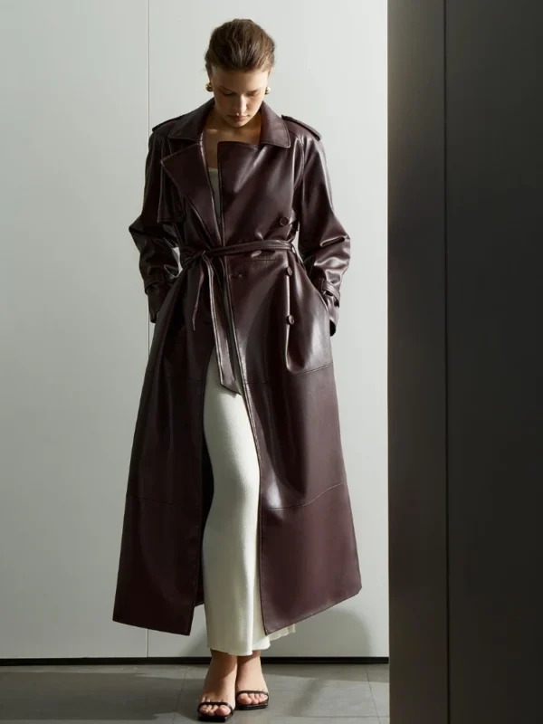 Lace Up Matte Long Leather Jacket - Image 4