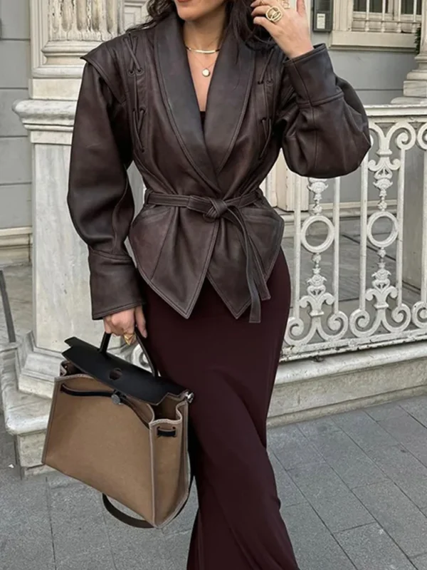 Lace Up Matte Long Leather Jacket - Image 8