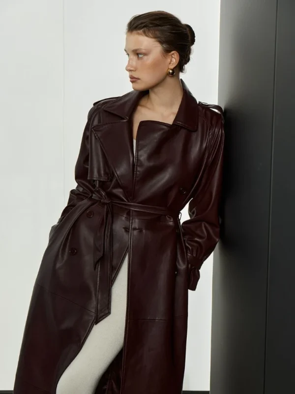 Lace Up Matte Long Leather Jacket - Image 5