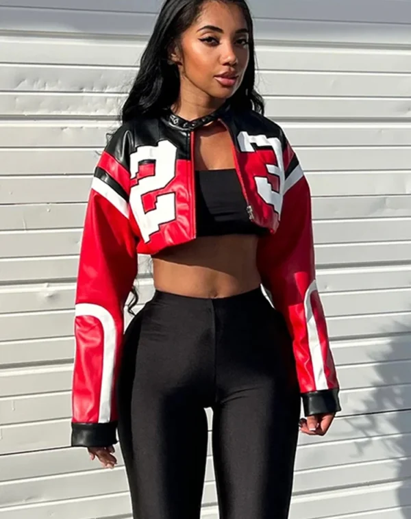 Red Faux Leather Varsity Crop Jacket - Image 2