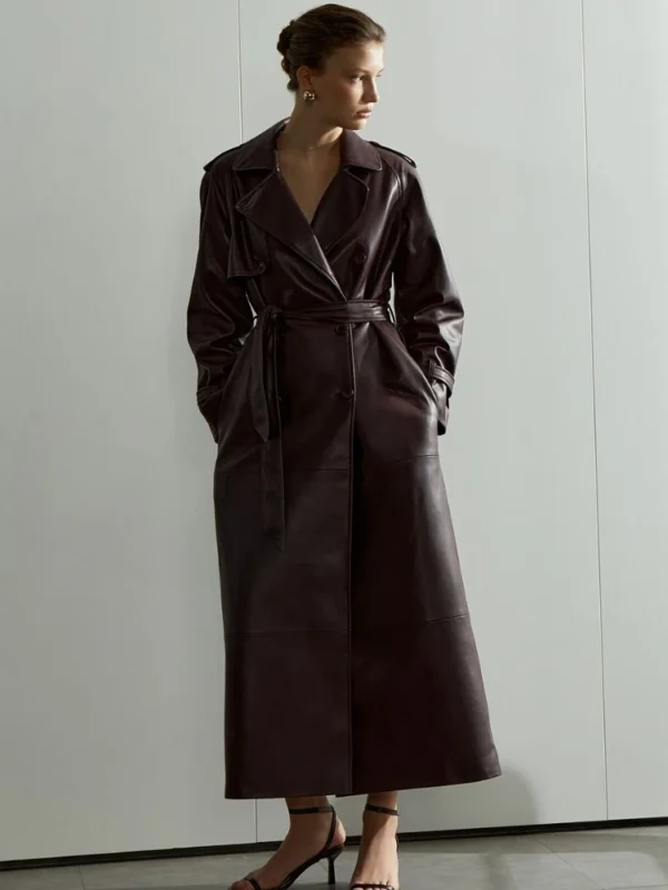 Lace Up Matte Long Leather Jacket - Image 2
