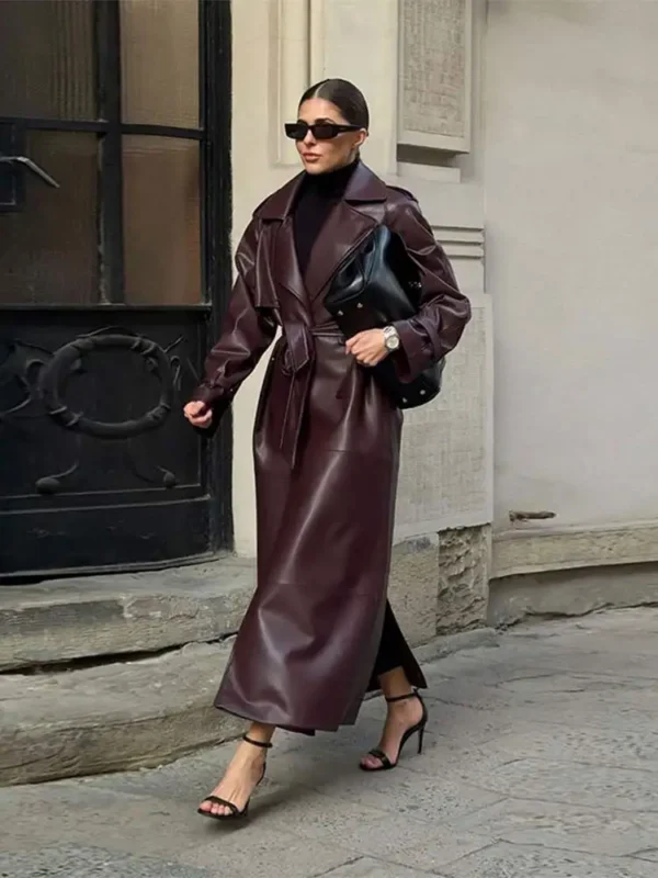 Lace Up Matte Long Leather Jacket - Image 7